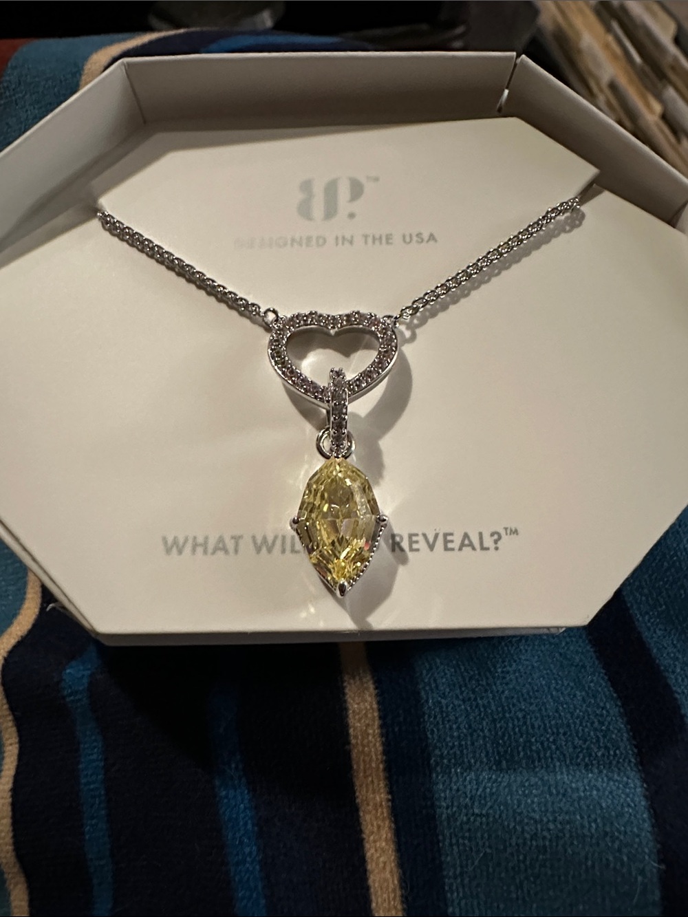 NWT Bomb Party rhodium Heart Necklace with Yellow Marquise Crystal Drop